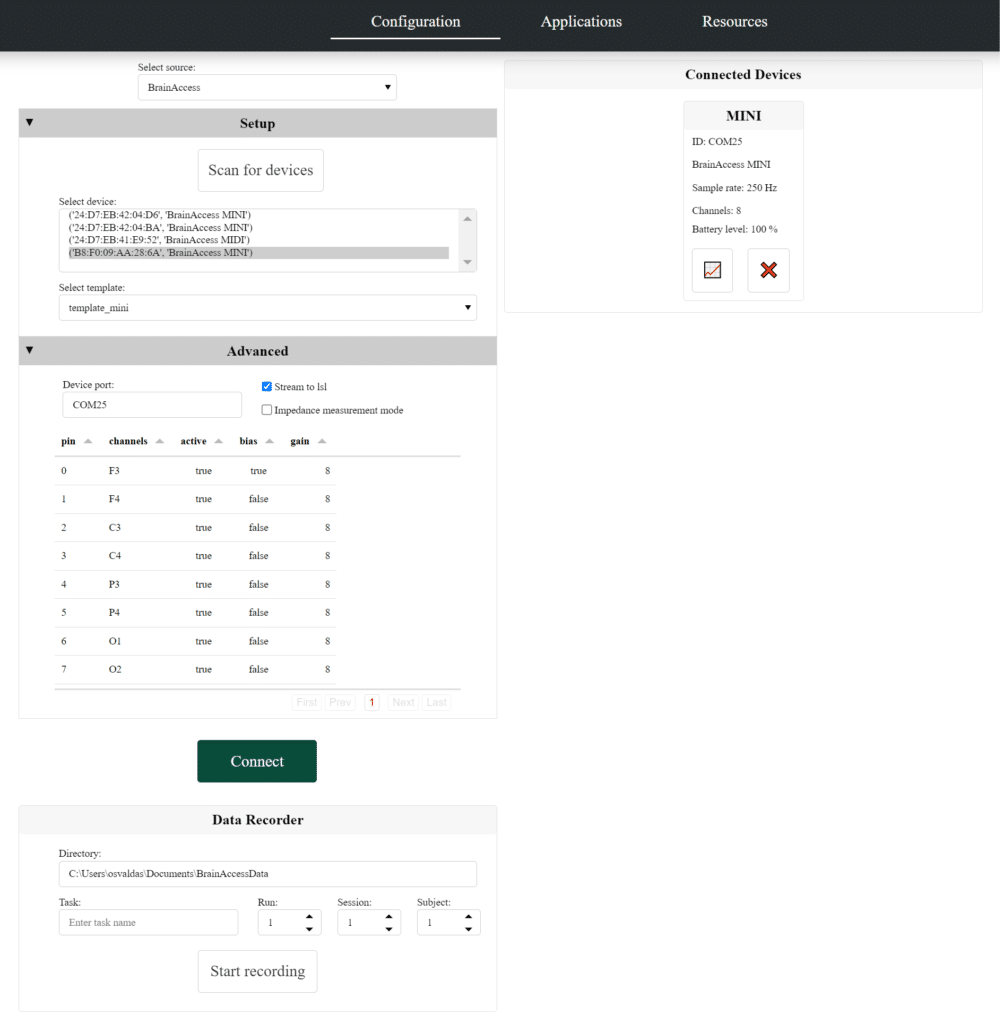 Configuration tab of the BrainAccess Board