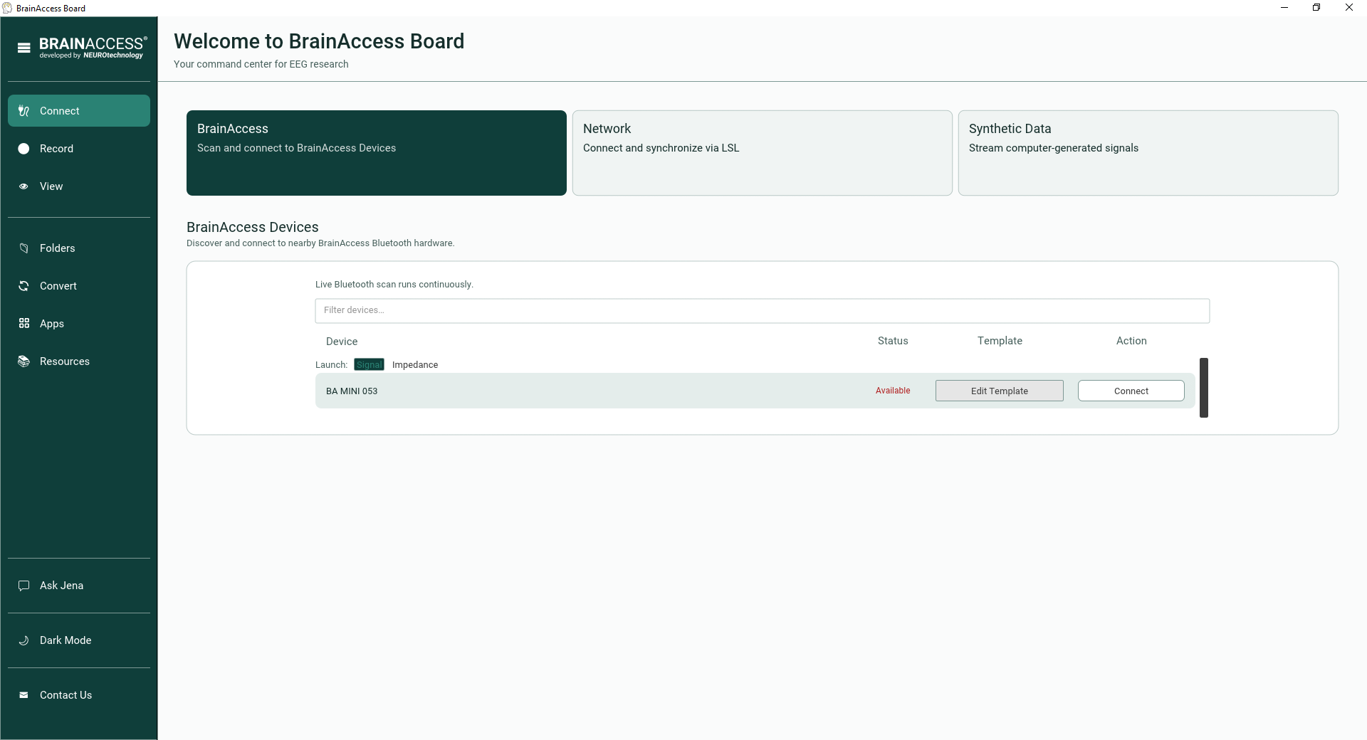 Starting up with BrainAccess Board - BrainAccess Connect light